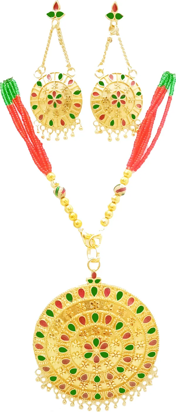 Assamese_Traditional_Red_And_Green_Colour_Japi_Tassel_Jewellery_Set_For_Women